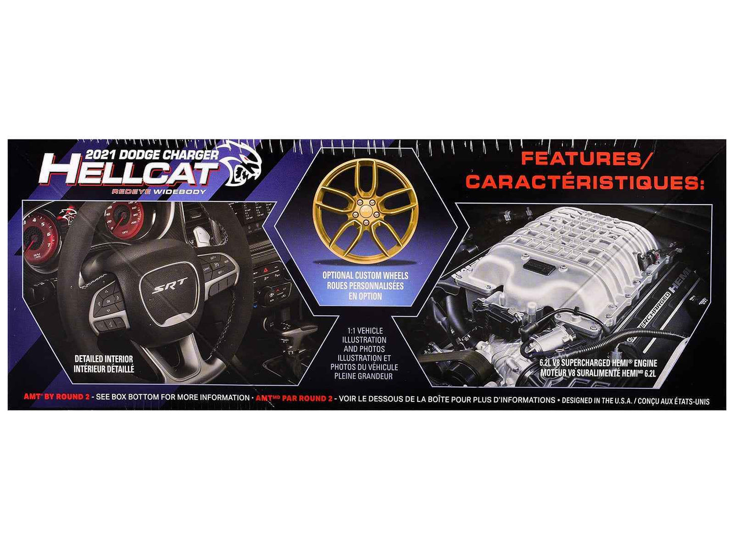 Model kit box panel with gold wheel graphic and engine parts diagram