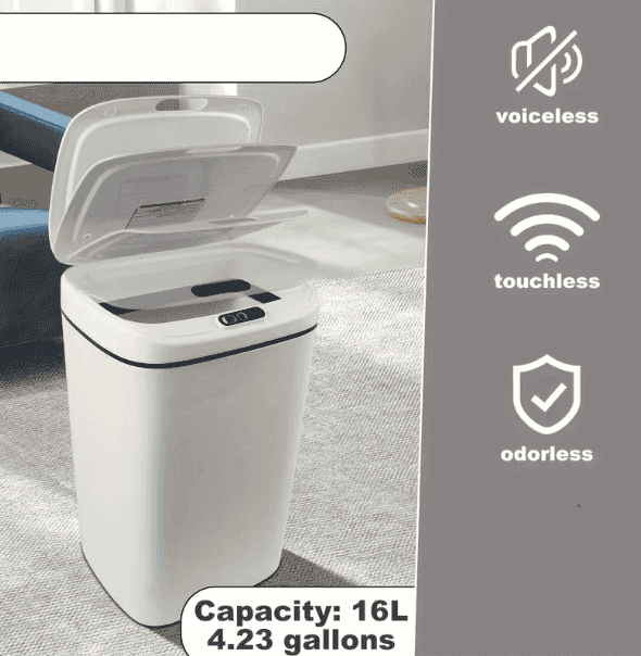 White touchless trash can with open lid and sensor area on lid front