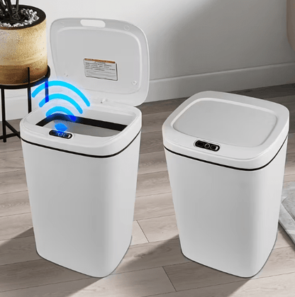 White hands-free trash can with open lid and blue motion sensor light