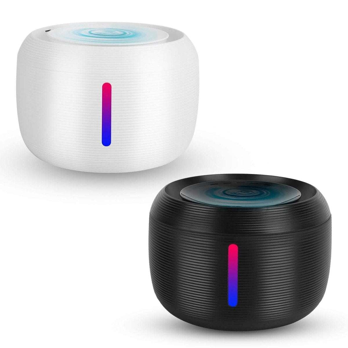 White and black smart pet drinking fountains with LED light indicators