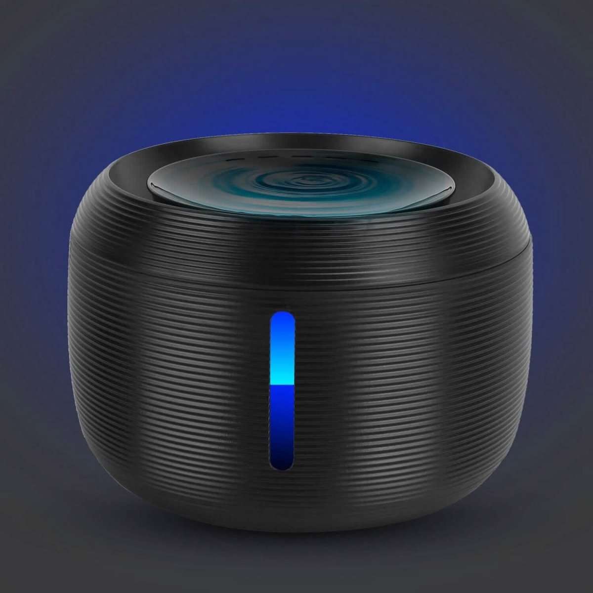 Black smart pet drinking fountain with glowing LED light indicator