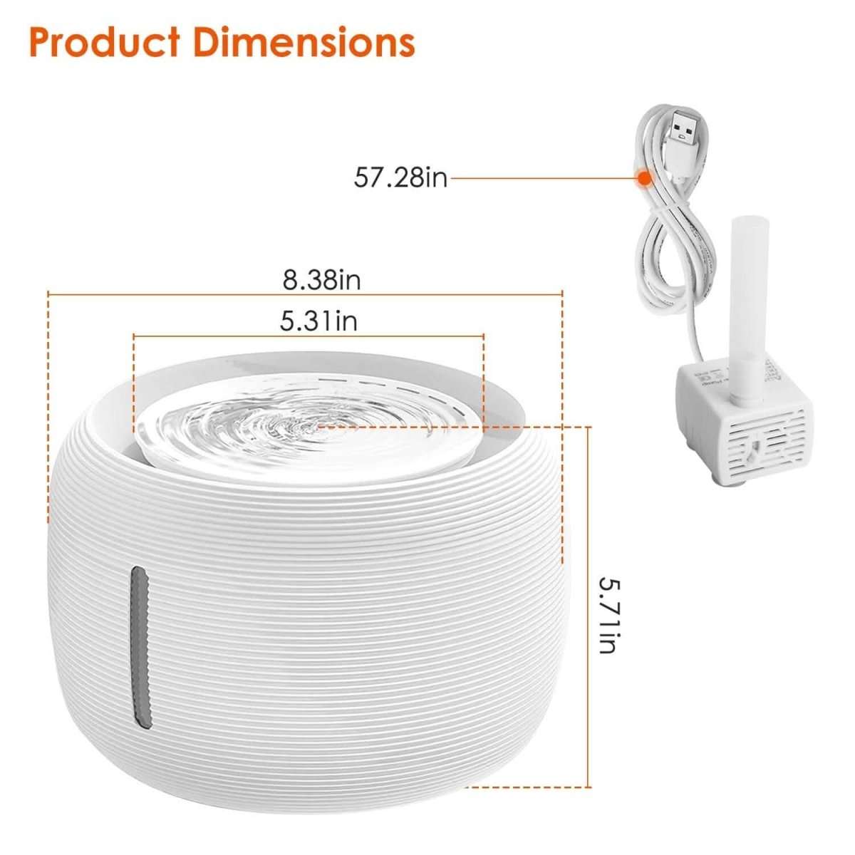 White smart pet drinking fountain with power adapter and product dimension label