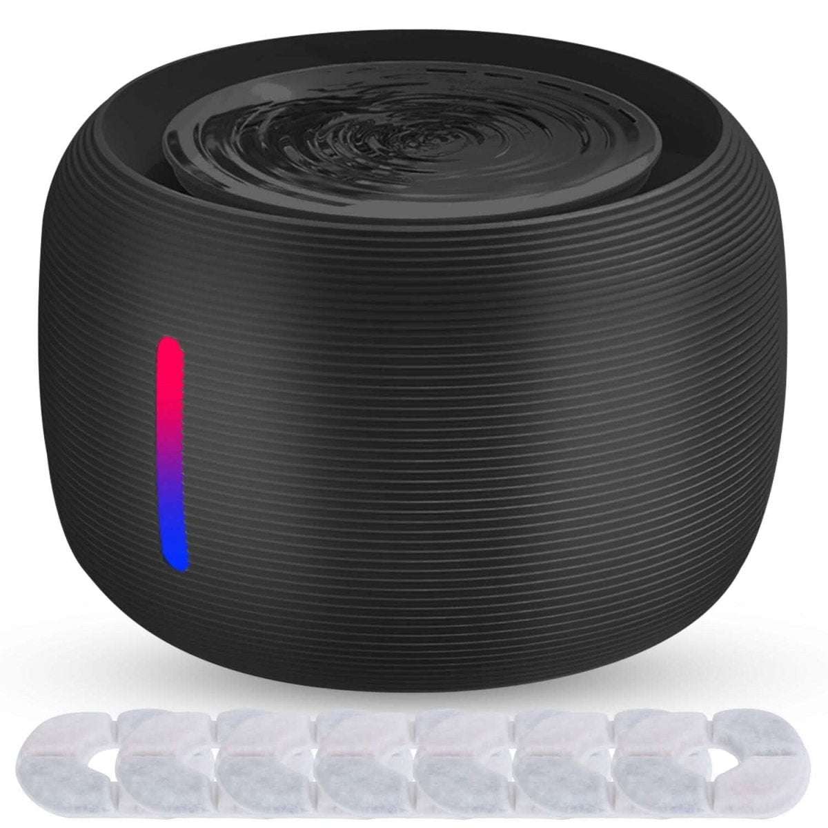 Black smart pet drinking fountain with multi-color LED light indicator and filter row