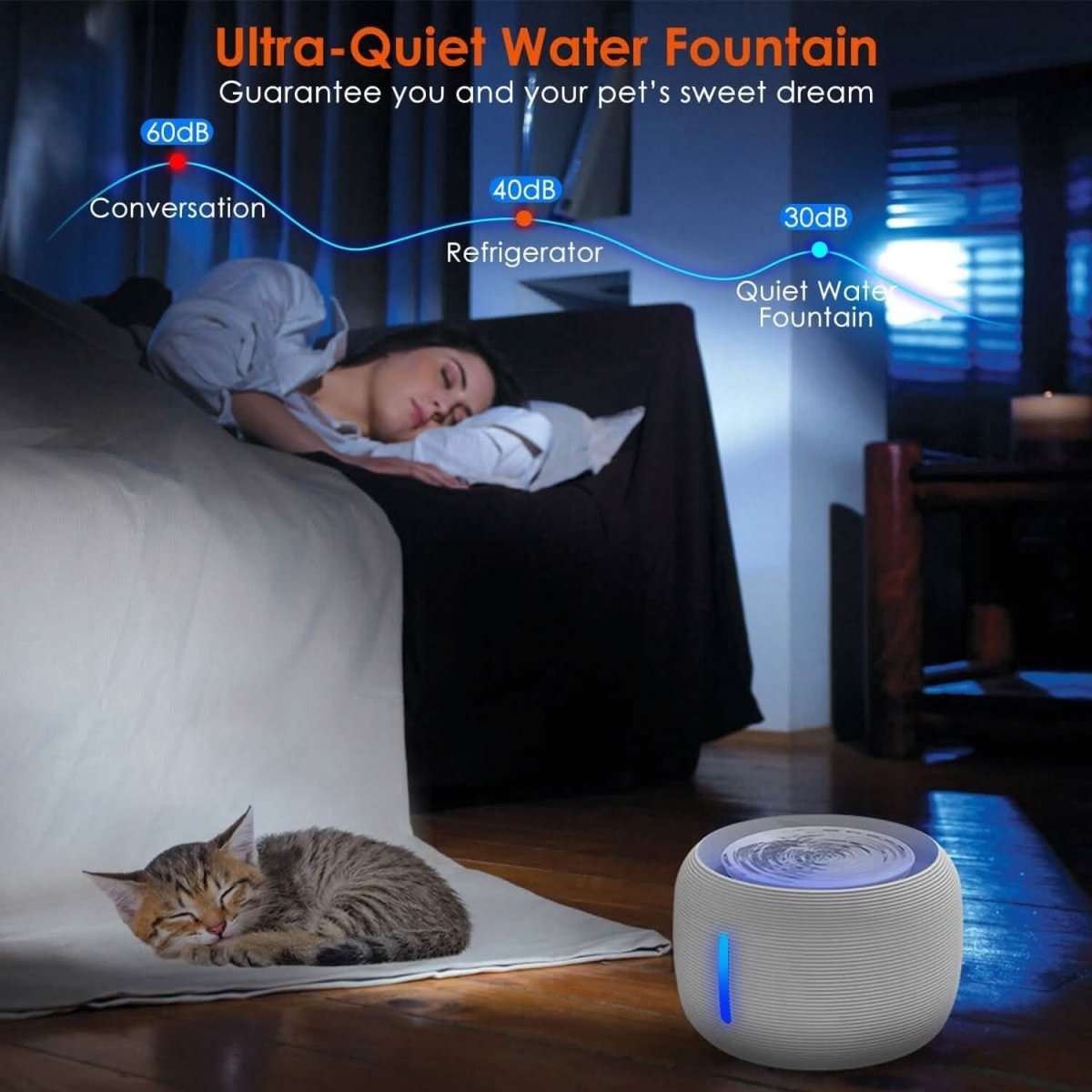 White smart pet drinking fountain with blue LED light, near sleeping cat