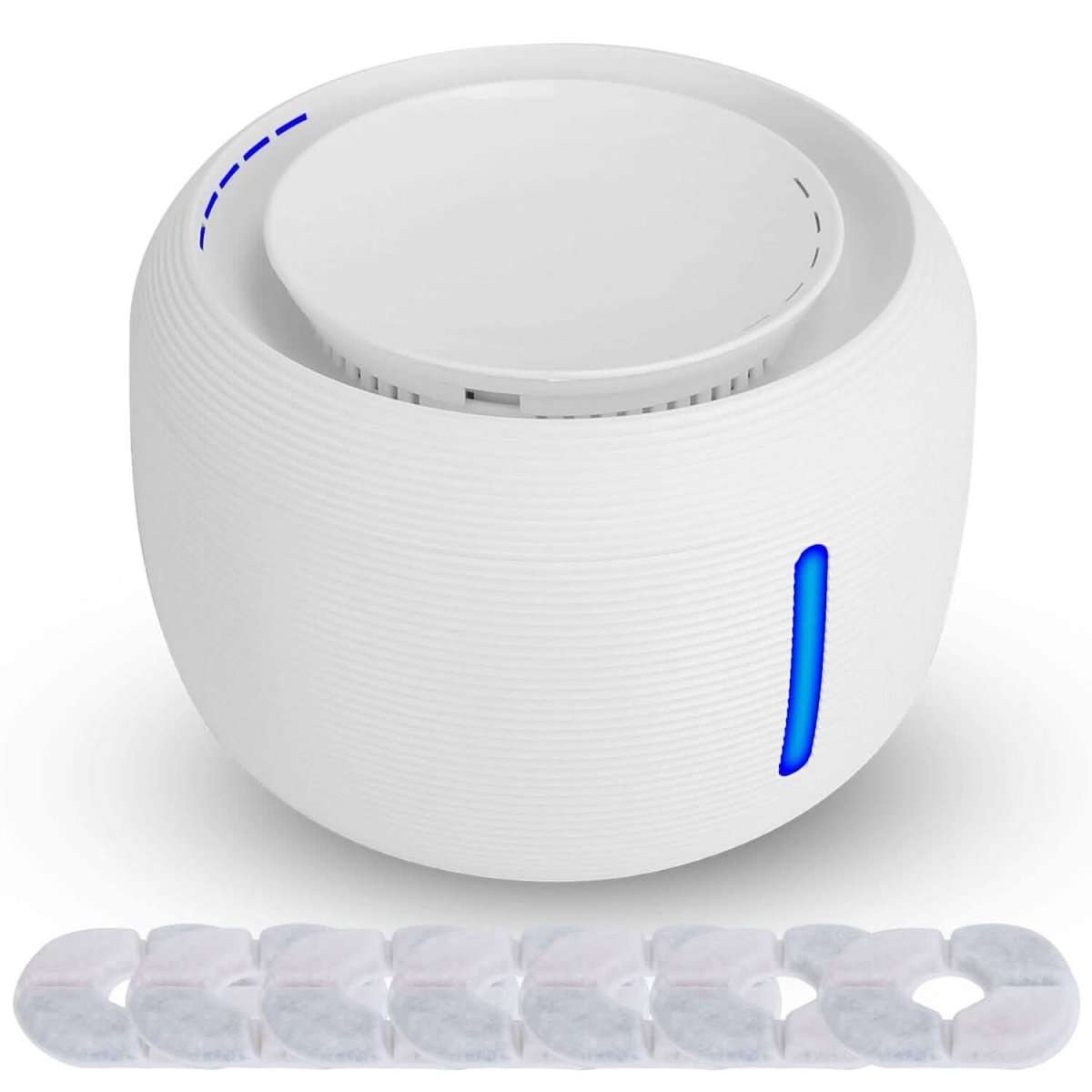 White smart pet drinking fountain with blue LED light indicator and included filter row
