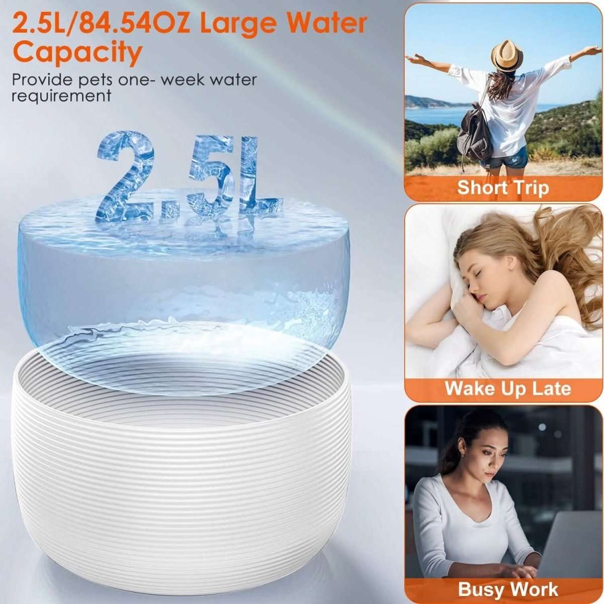 White smart pet drinking fountain with water spray top and visible water in reservoir