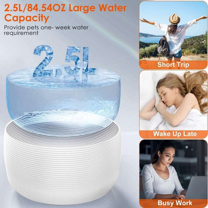 White smart pet drinking fountain with water spray top and visible water in reservoir
