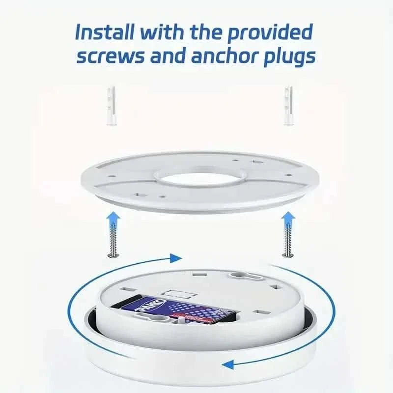 Ceiling-mount smoke alarm base, white circular mounting plate with screw holes