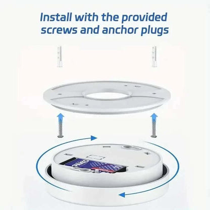 Ceiling-mount smoke alarm base, white circular mounting plate with screw holes