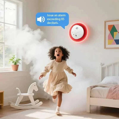 Wall-mounted smoke alarm with red housing, round sensor with vent grilles and alarm light
