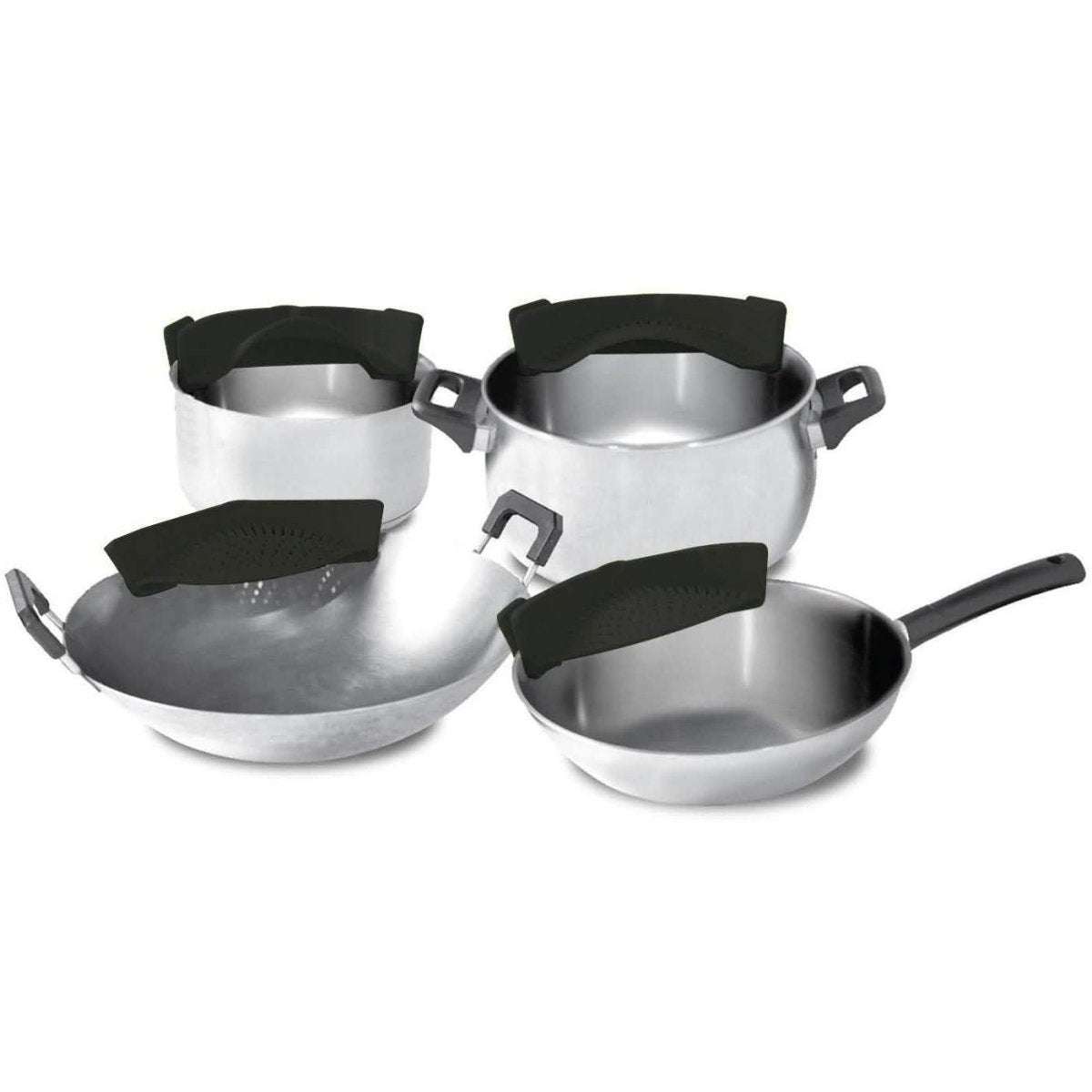 Kitchen strainer inserts with black grips, shown as a set for pots and pans