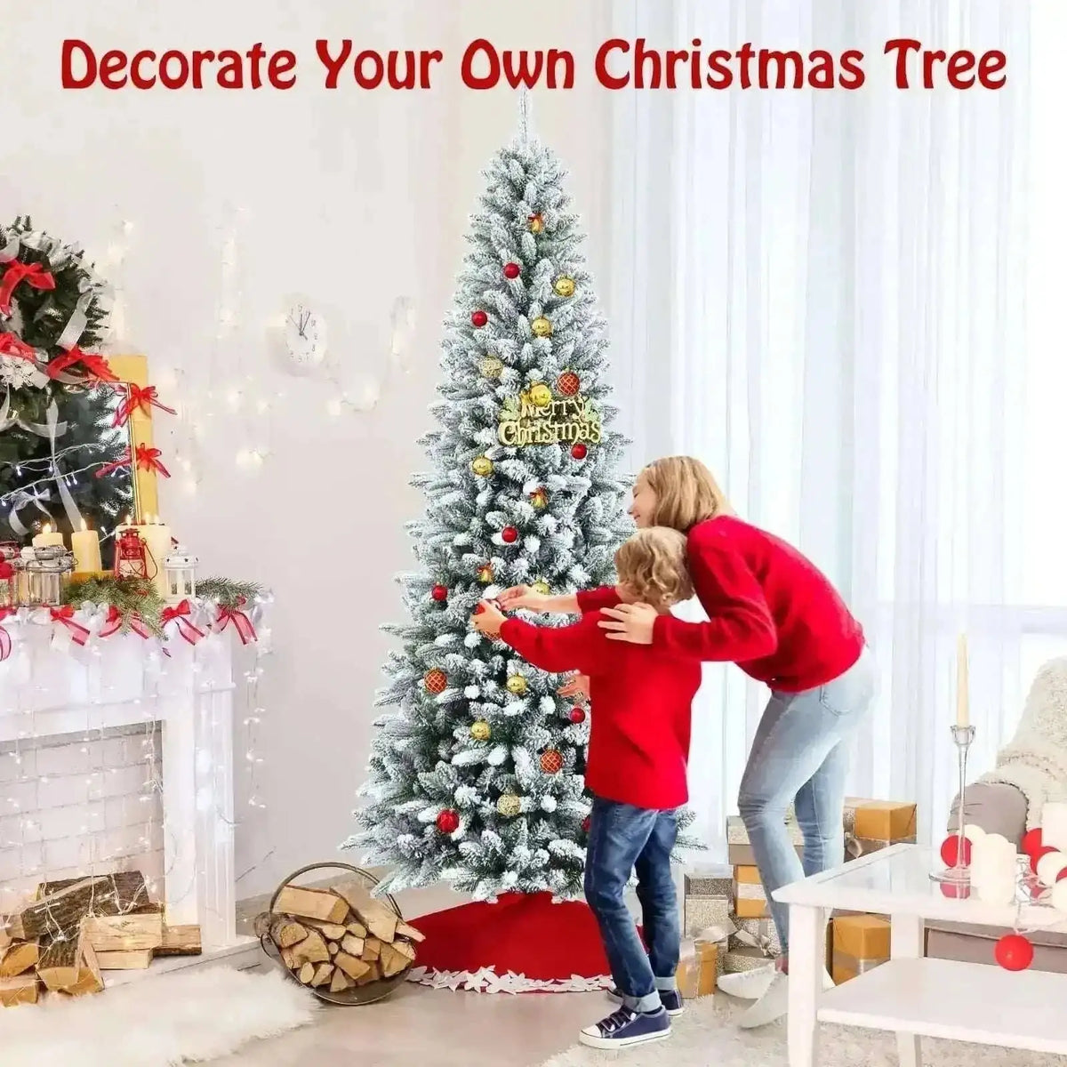Snow-Flocked Hinged Artificial Christmas Pencil Tree with Mixed Tips Cartsfy Inc.