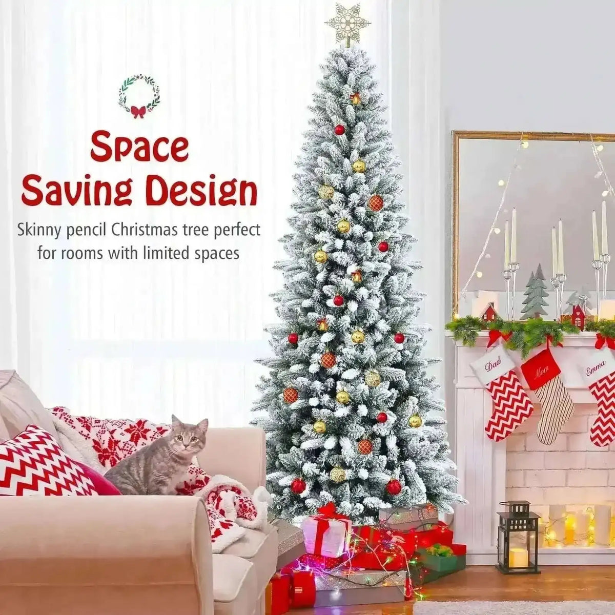 Snow-Flocked Hinged Artificial Christmas Pencil Tree with Mixed Tips Cartsfy Inc.