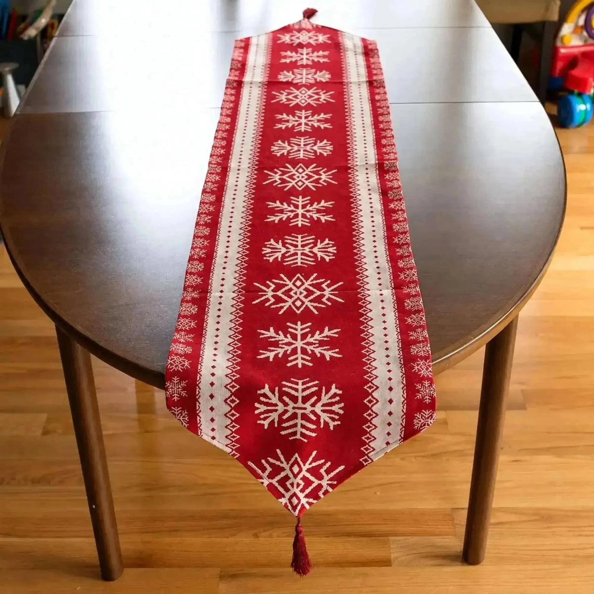 Snowflakes on Red Pattern Christmas Tablecloth Holiday Runner 76.5 Inches Cartsfy Inc.