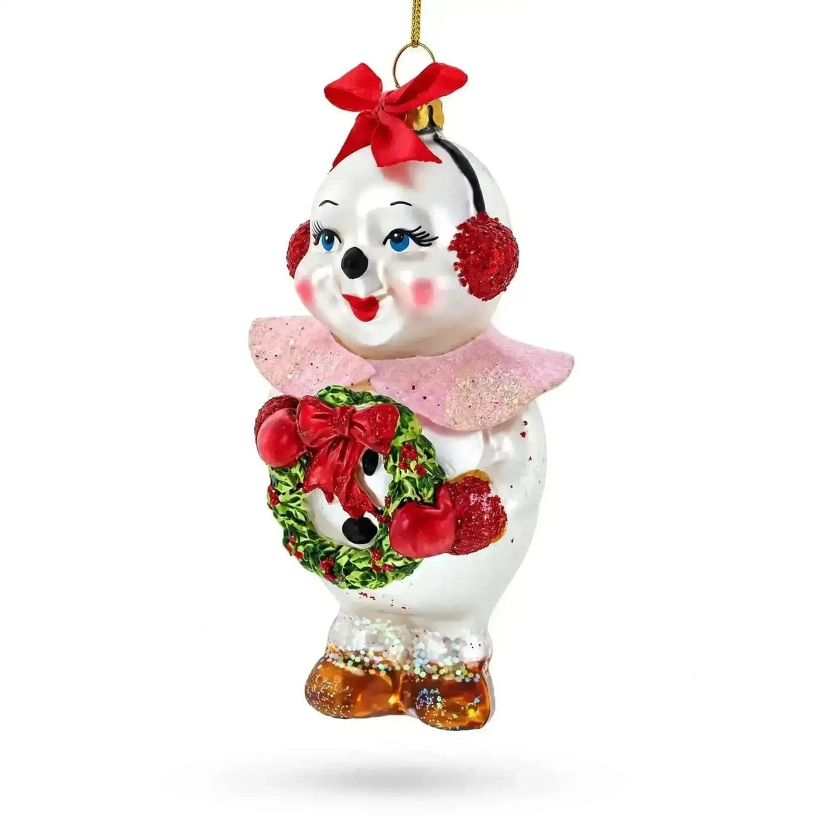 Snowwoman with Wreath Glass Christmas Ornament Cartsfy Inc.