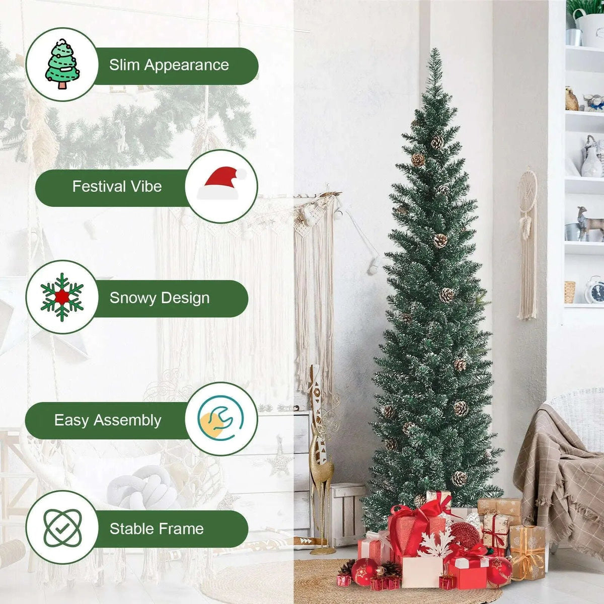 Snowy Artificial Pencil Christmas Tree with Pine Cones Cartsfy Inc.