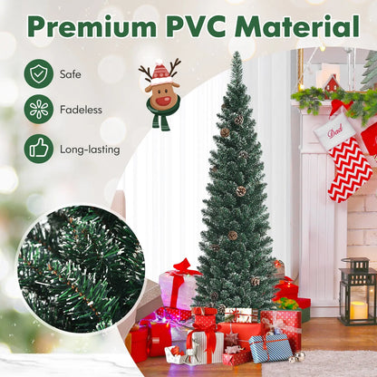 Snowy Artificial Pencil Christmas Tree with Pine Cones