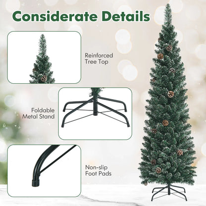Snowy Artificial Pencil Christmas Tree with Pine Cones