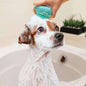 Teal soft pet bath scrubber brush with silicone bristles, hand-held for washing