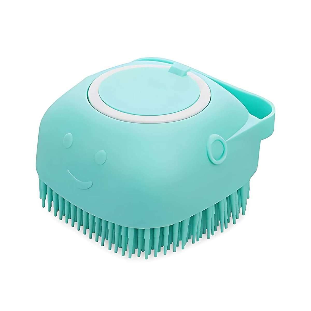 Teal plastic pet bath scrubber with flexible silicone bristle pad and lidded top