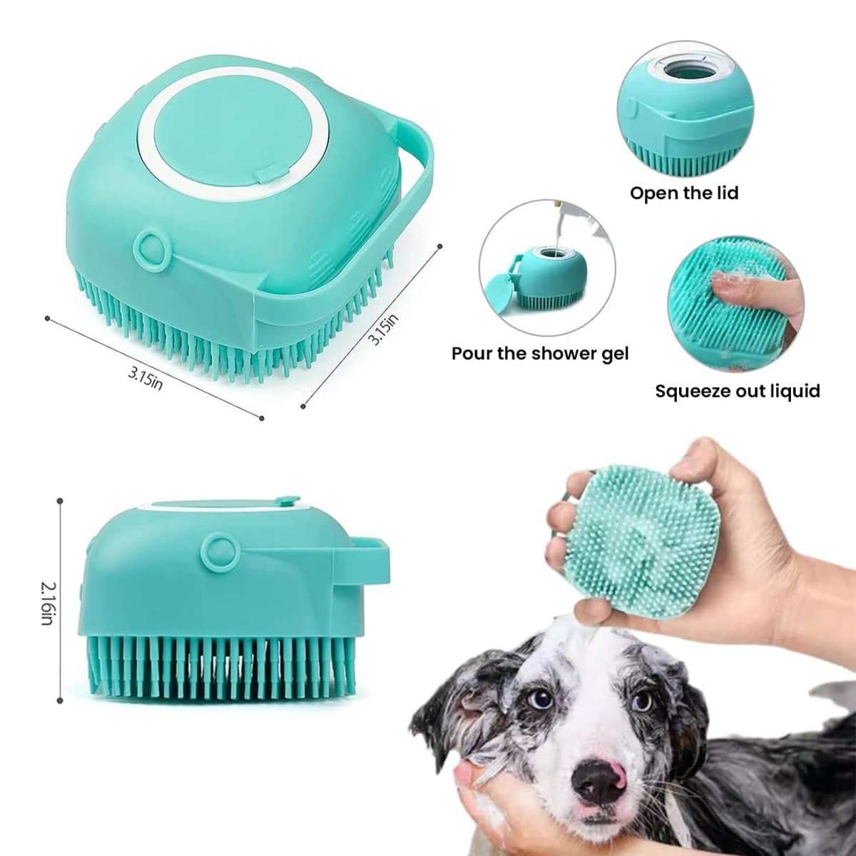 Teal pet bath scrubber brush with dispenser lid and flexible silicone bristles