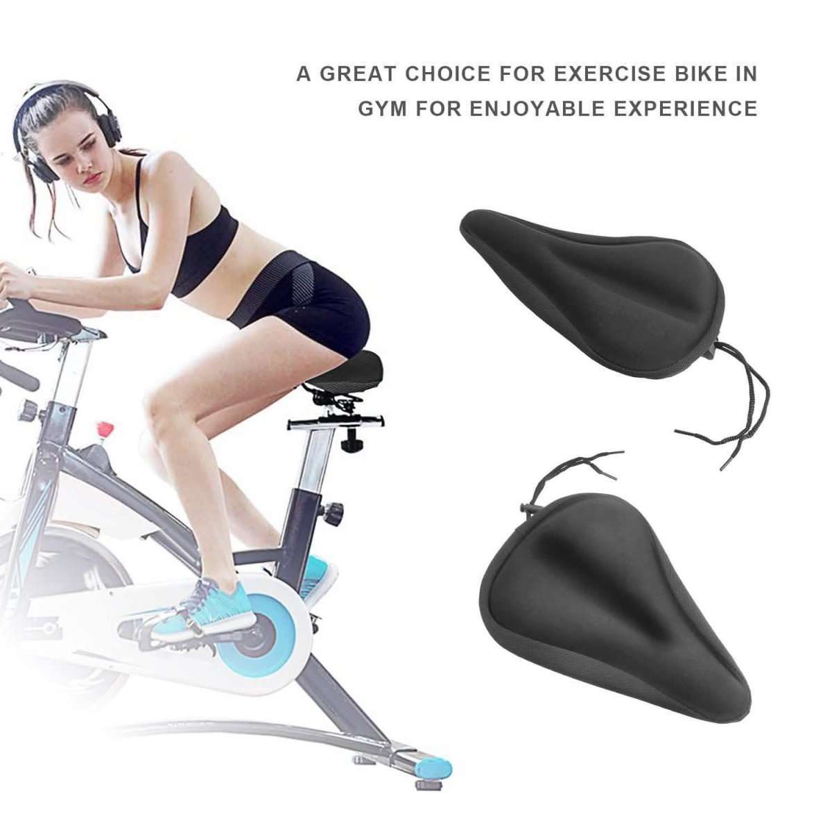 Bike seat saddle cushion cover on exercise bike, black gel pad with tie cords