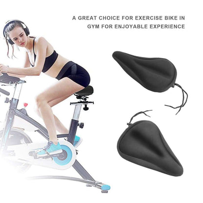 Bike seat saddle cushion cover on exercise bike, black gel pad with tie cords