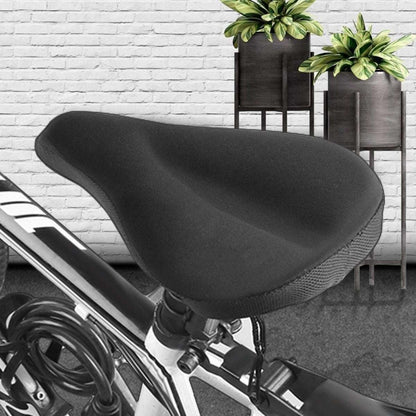 Bike seat cushion cover on bicycle seat, black soft gel pad with textured side grip