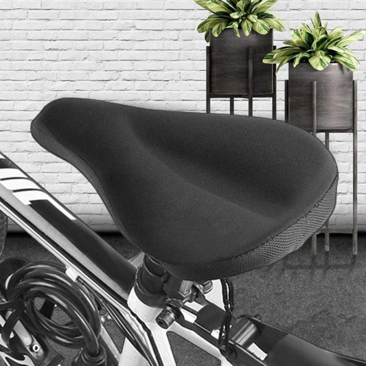 Bike seat cushion cover on bicycle seat, black soft gel pad with textured side grip
