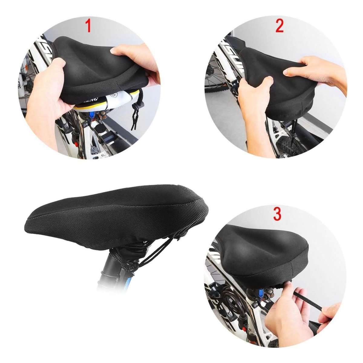 Bike seat saddle cushion cover installation, black pad with adjustable strap for secure fit