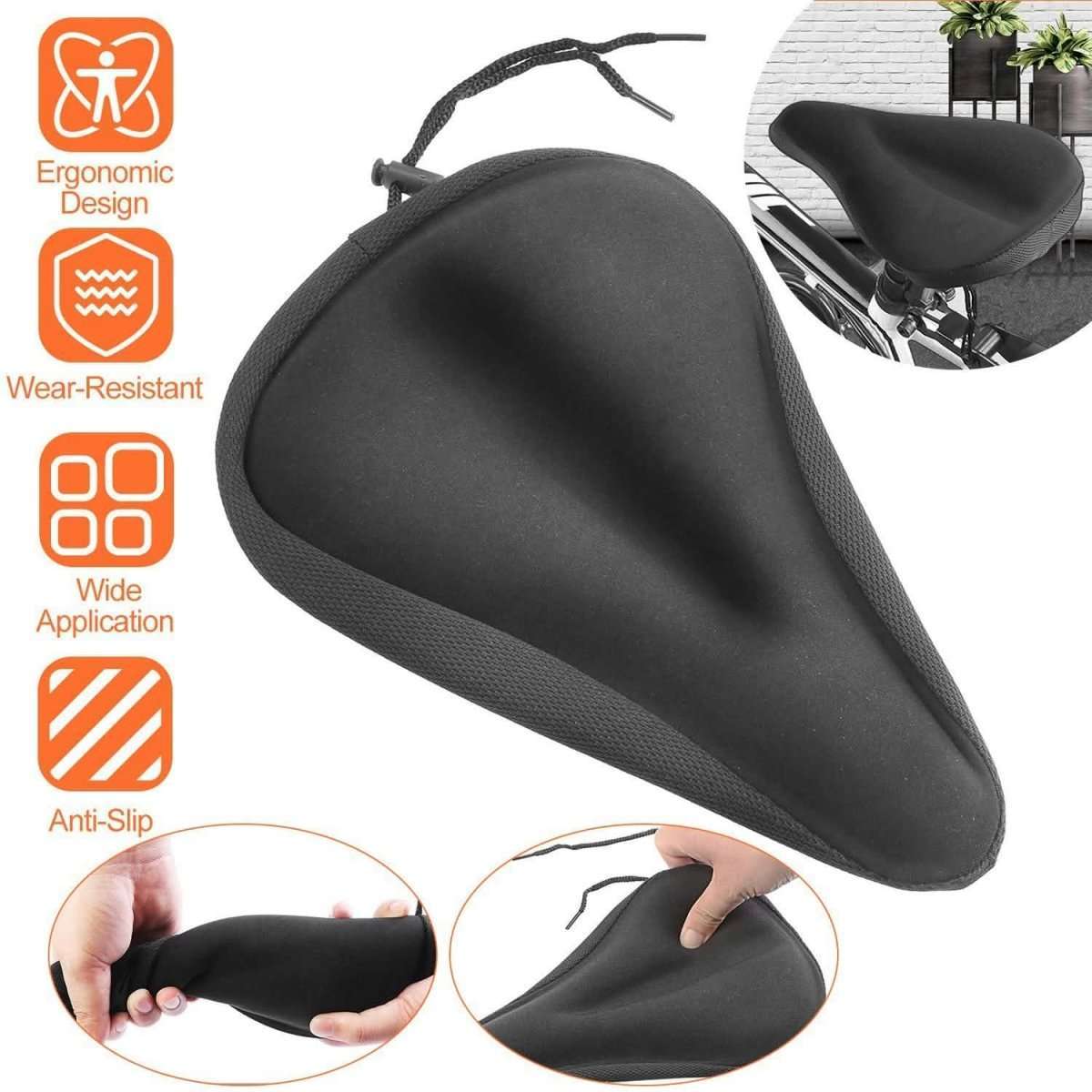 Bike seat cushion cover, black gel pad with anti-slip grip for bicycles and exercise bikes