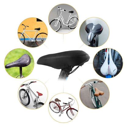 Black gel bike seat cushion cover shown with multiple bike mounting views