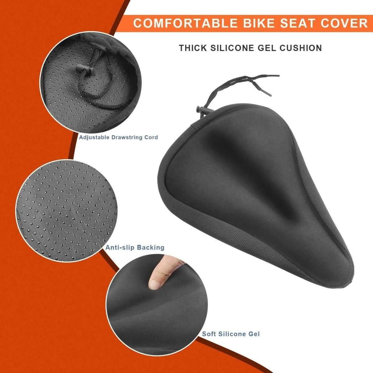 Black bike seat cushion cover with textured anti-slip base and drawstring