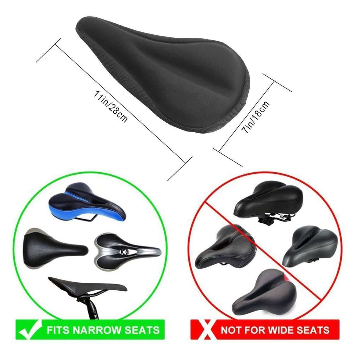 Bike seat cushion cover, black gel pad that fits narrow seats; secure strap for stability