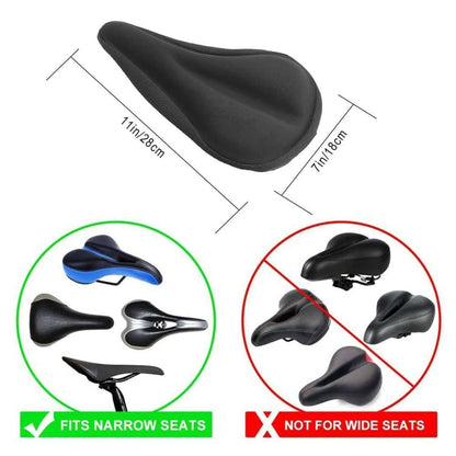Bike seat cushion cover, black gel pad that fits narrow seats; secure strap for stability