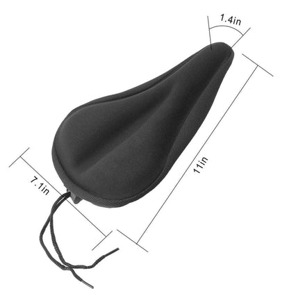 Bike seat saddle cushion cover, black ergonomic gel pad with pull tie and rounded shape
