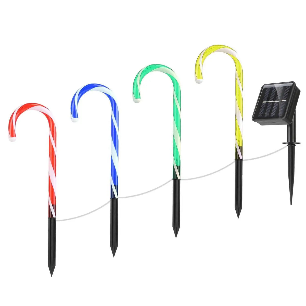 Solar candy cane stake lights, multicolor curved candy tubes on black stakes with solar panel