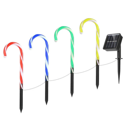 Solar candy cane stake lights, multicolor curved candy tubes on black stakes with solar panel
