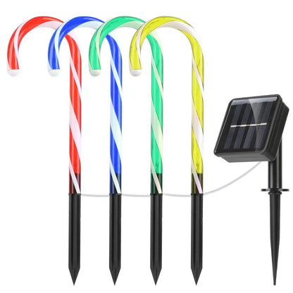 Solar candy cane stake lights, multicolor candy curves with black ground stakes and panel