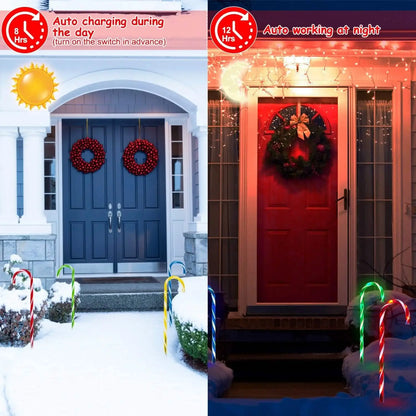 Outdoor solar candy cane stake lights with multicolor glow along front walkway in snow