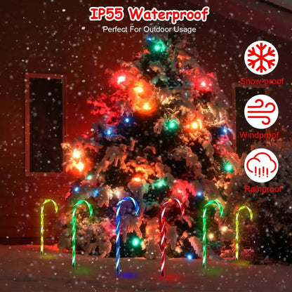Solar candy cane stake lights glowing in multicolor with IP55 waterproof design shown