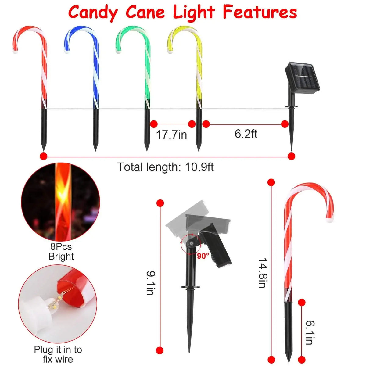 Solar candy cane light set with multicolor curved tubes, stakes, and solar panel dimensions