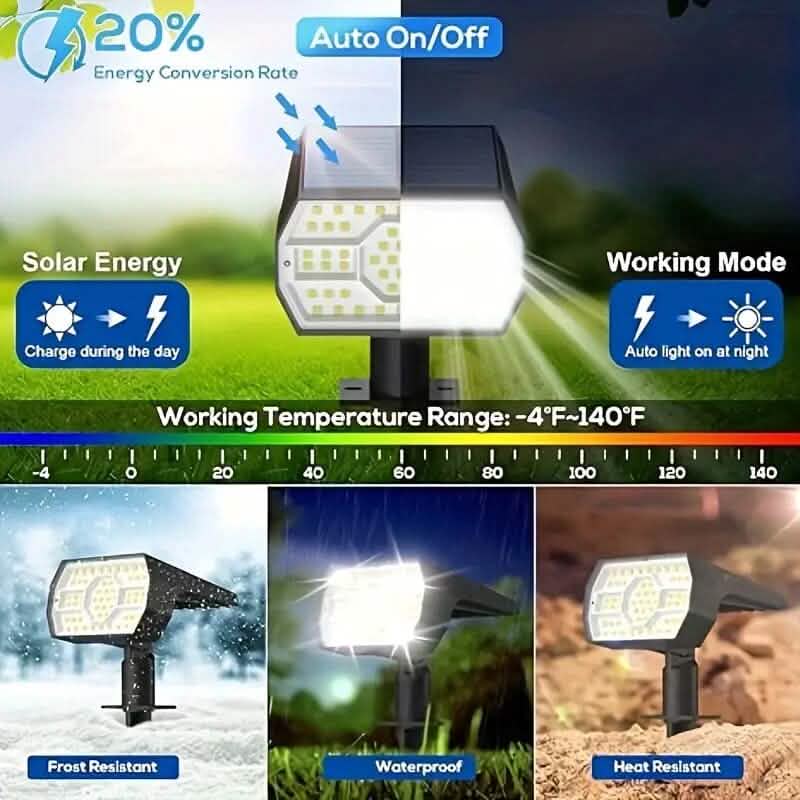 Solar landscape outdoor spotlight with square solar panel and multi-LED light head on stake