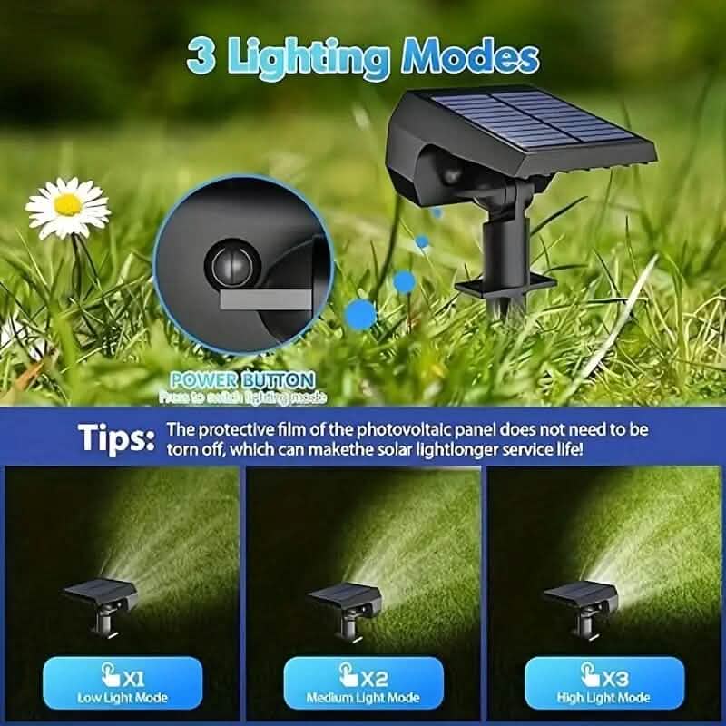 Solar landscape outdoor spotlight with three lighting modes and LED solar panel head