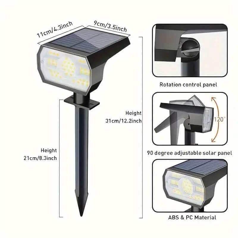 Solar landscape outdoor spotlight with adjustable 90° solar panel and LED head on stake