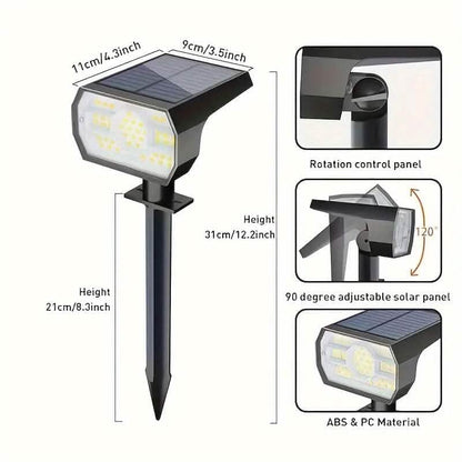 Solar landscape outdoor spotlight with adjustable 90° solar panel and LED head on stake