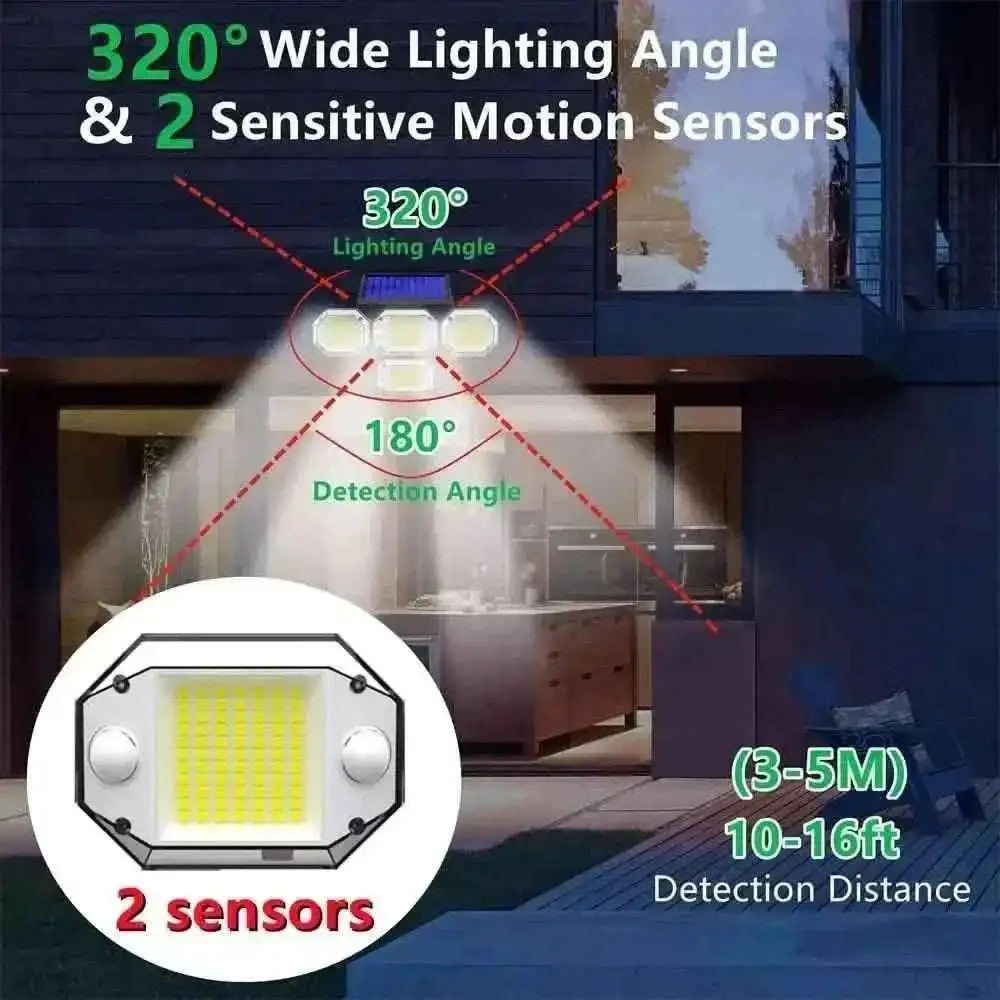 Outdoor solar light with two motion sensors and wide 320° lighting angle