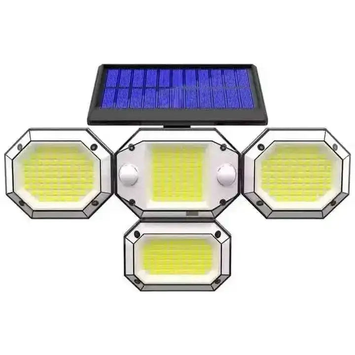 Outdoor solar light with four hex LED panels and a top solar panel