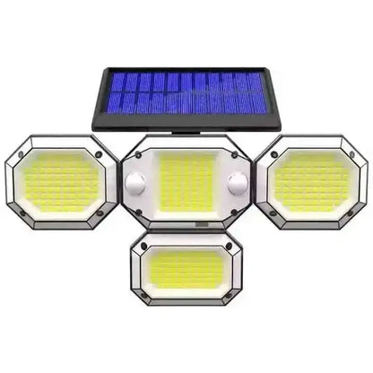 Outdoor solar light with four hex LED panels and a top solar panel