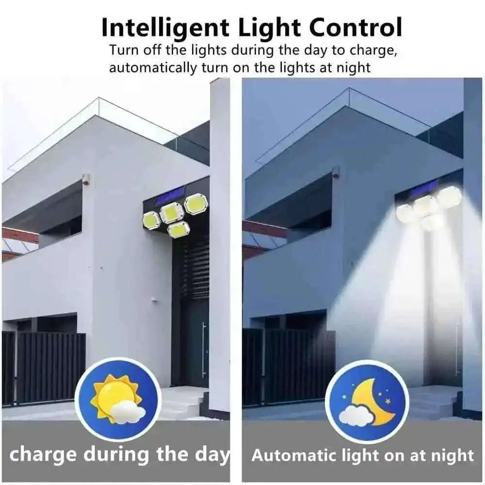 Outdoor solar security light with multi-LED clusters on a wall bracket